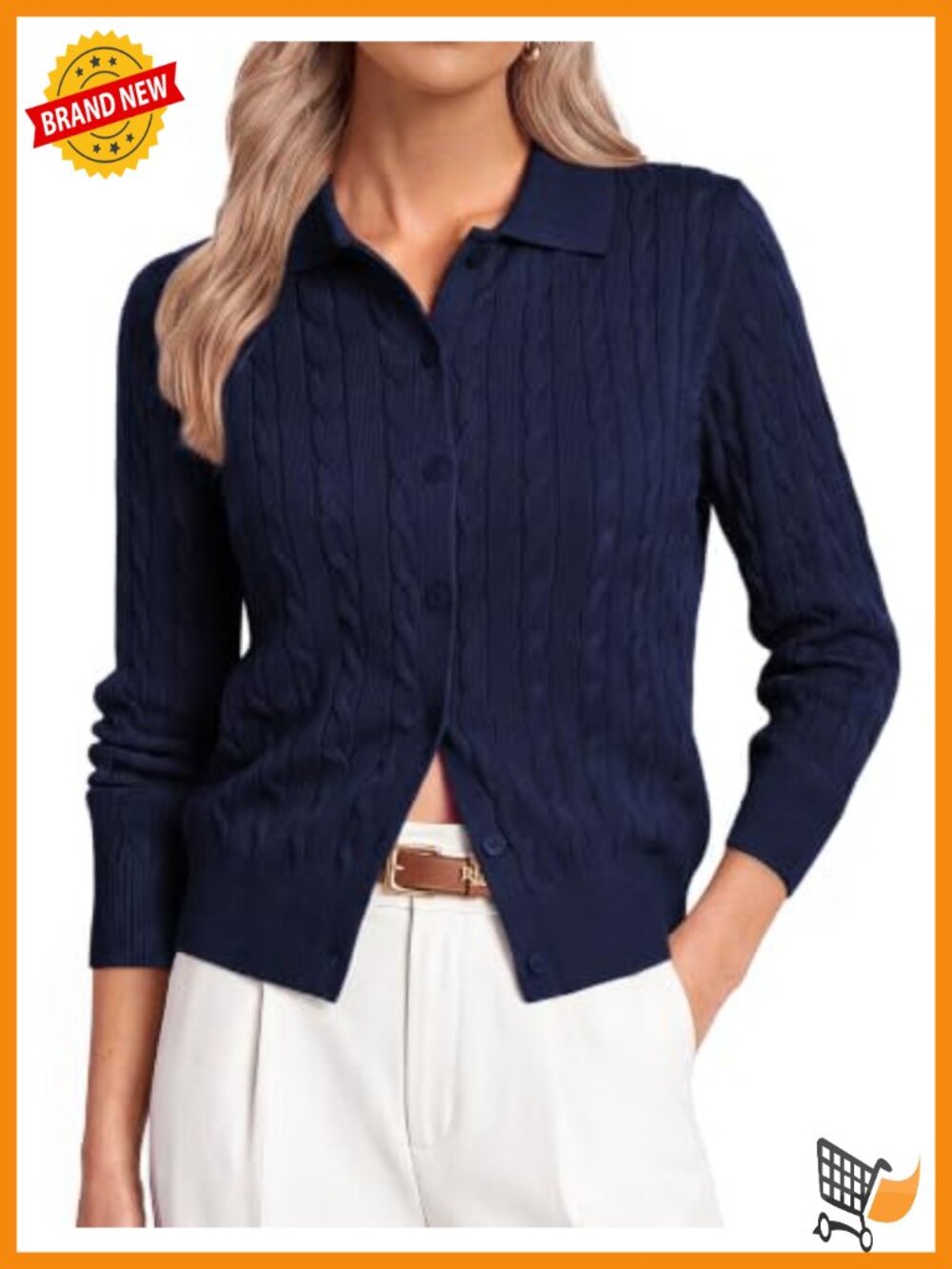Cable Knit Button-Up Collared Cardigan Long Sleeve Business Casual